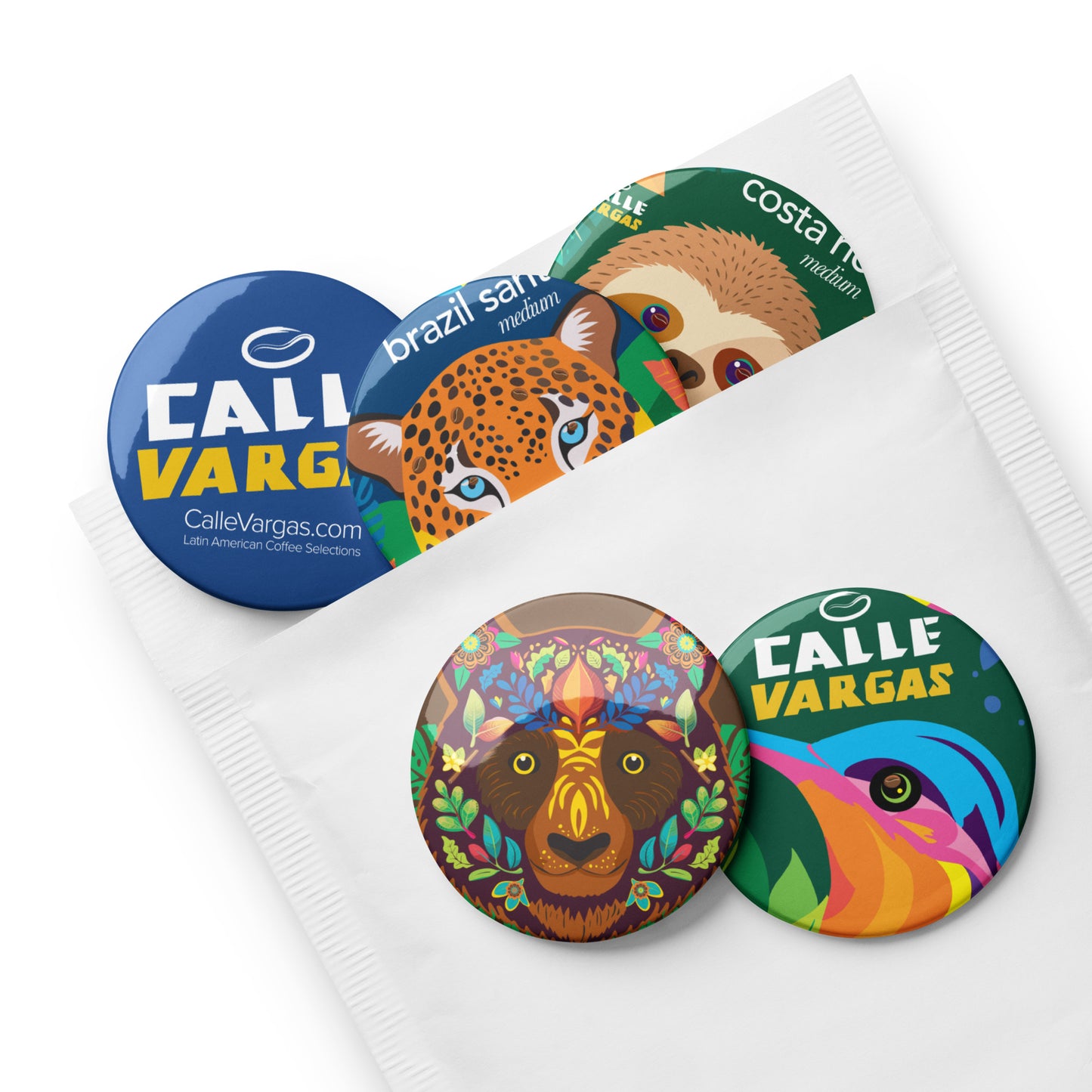Calle Vargas Represent, Set of tropical animal pin buttons